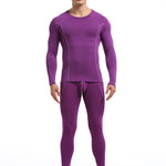 Men's Round Neck Solid Color Bamboo Fiber Thermal Underwear Set