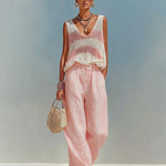 ElevenOra Chic Elegant Pink-White Stripes V-Neck Sleeveless Loose-Fit Knit Tank Top Pink Satin Pants Two-Piece Set