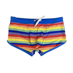 Men's Eco-Friendly Fabric Modern Cut Rainbow Striped Swim Trunks
