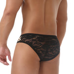 2 Pack Men's Low-Rise Lace-Patched Leopard Print sheer Stretch U-Pouch Bikini