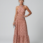 Amira | Cross Halter Geometric Print Cutout Midi Dress