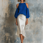 ElevenOra Chic Elegant Royal Blue Halter Crew-Neck Cold-Shoulder Balloon Sleeves Loose-Fit Knit Sweater White Satin Fabric Midi Skirt Two-Piece Set