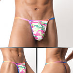 4 Pack Men's Low Rise Fashion Mesh Rainbow Camo Print Thongs