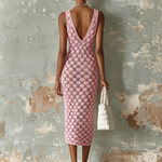 ElevenOra Chic Elegant Pink V-Neck Sleeveless Slim-Fit Hollow-Out Knit Midi Dress