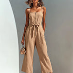 ElevenOra Chic Casual Camel Cotton-Linen Blend Strappy Sleeveless Zipper-Front Tie-Waist Wide-Leg Cropped Jumpsuit