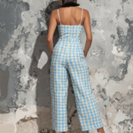 ElevenOra Chic Elegant Light Blue Gingham Check Cotton Blend Spaghetti Straps Square Neck Sleeveless Tailored-Waist Loose-Fit Wide-Leg Cropped Jumpsuit