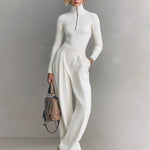 ElevenOra Chic Elegant Zip-up Mock Neck Slim-Fit Sweater Elastic Waist Wide-Leg Pants Knit Two-Piece Set