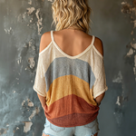 ElevenOra Chic Casual Multi-Color Stripe Cold Shoulder V-Neck Dolman Sleeve Oversize Cotton Linen Blend T-Shirt Top