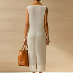 ElevenOraChic Elegant Beige Colorblock Lapel Collar V-Neck Patch Pocket Sleeveless Loose-Fit Ribbed Knit Maxi Dress