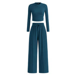MIRELA™ - Ribbed Knit Long Sleeve Crop Top and Matching Pants Set