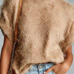 ElevenOra Chic Vintage Camel Mock Neck Short Sleeve Loose Fuzzy Mohair Knit Sweater Top