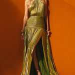 Kasey | Trendy Metallic Plissé Halter Gown