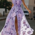 Julie | Light Green Floral Chiffon One-Shoulder Maxi Dress