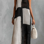 ElevenOra Chic Elegant Black-White Colorblock Spaghetti-Strap Square-Neck Sleeveless Loose-Fit Hollow-Knit Maxi Dress