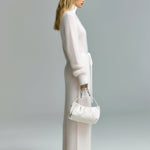 ElevenOra Chic Vintage Ivory Zipper-Up Stand Collar Belted Long Sleeve Loose-Fit Wide-Leg Fuzzy Knit Jumpsuit