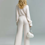 ElevenOra Chic Vintage Ivory Zipper-Up Stand Collar Belted Long Sleeve Loose-Fit Wide-Leg Fuzzy Knit Jumpsuit