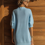 ElevenOra Chic Casual Light Blue Stand Collar Deep V-Neck Short-Sleeve Loose-Fit Knit Mini Dress