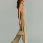 ElevenOra Chic Casual Camel Strappy Sleeveless Tailored Waist Wide Leg Ribbed Knit Jumpsuit