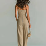 ElevenOra Chic Casual Camel Strappy Sleeveless Tailored Waist Wide Leg Ribbed Knit Jumpsuit