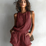 ElevenOra Chic Casual Black Stripe Linen Blend Boat-Neck Sleeveless Tailored-Waist Loose-Fit Romper
