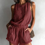 ElevenOra Chic Casual Black Stripe Linen Blend Boat-Neck Sleeveless Tailored-Waist Loose-Fit Romper