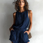 ElevenOra Chic Casual Black Stripe Linen Blend Boat-Neck Sleeveless Tailored-Waist Loose-Fit Romper