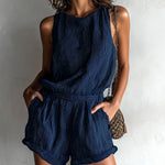 ElevenOra Chic Casual Black Stripe Linen Blend Boat-Neck Sleeveless Tailored-Waist Loose-Fit Romper