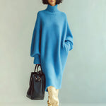 ElevenOra Chic Casual Blue Turtle Neck Oversized Long Sleeve Knit Midi Dress