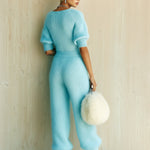 ElevenOra Chic Elegant Blue V-Neck Zipper-Front Short-Sleeve Tailored Waist Straight-Leg Fuzzy Knit Jumpsuit