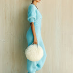 ElevenOra Chic Elegant Blue V-Neck Zipper-Front Short-Sleeve Tailored Waist Straight-Leg Fuzzy Knit Jumpsuit
