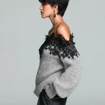 ElevenOra Chic Casual Gray Off-The-Shoulder Lace Trim Detail Long Sleeve Oversized Knit Sweater Top