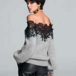 ElevenOra Chic Casual Gray Off-The-Shoulder Lace Trim Detail Long Sleeve Oversized Knit Sweater Top