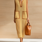 ElevenOraChic Elegant Beige Colorblock Lapel Collar V-Neck Patch Pocket Sleeveless Loose-Fit Ribbed Knit Maxi Dress