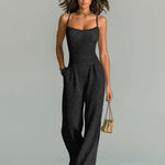 ElevenOra Chic Casual Camel Strappy Sleeveless Tailored Waist Wide Leg Ribbed Knit Jumpsuit
