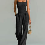 ElevenOra Chic Casual Camel Strappy Sleeveless Tailored Waist Wide Leg Ribbed Knit Jumpsuit