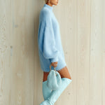 ElevenOra Chic Elegant Baby Blue Mock Neck Oversized Long-Sleeve Mohair Knit Mini Dress
