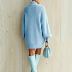 ElevenOra Chic Elegant Baby Blue Mock Neck Oversized Long-Sleeve Mohair Knit Mini Dress