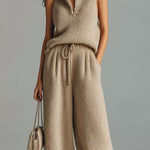 ElevenOra Chic Elegant Camel Stand Collar V-Neck Sleeveless Sweater  Wide-Leg Pants Ribbed Knit Two-Piece Set