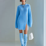 ElevenOra Chic Casual Blue Round Neck Long Sleeve Zipper-Front Side Slit Oversized Fuzzy Knit Mini Dress