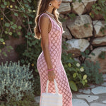 ElevenOra Chic Elegant Pink V-Neck Sleeveless Slim-Fit Hollow-Out Knit Midi Dress