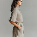 ElevenOra Chic Casual Light Brown Stand Collar V-Neck Short Sleeve Belted Patch Pockets Oversize Fuzzy Knit Romper