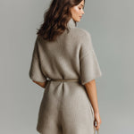ElevenOra Chic Casual Light Brown Stand Collar V-Neck Short Sleeve Belted Patch Pockets Oversize Fuzzy Knit Romper