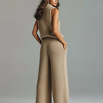 ElevenOra Chic Elegant Camel Stand Collar V-Neck Sleeveless Sweater  Wide-Leg Pants Ribbed Knit Two-Piece Set