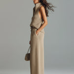 ElevenOra Chic Elegant Camel Stand Collar V-Neck Sleeveless Sweater  Wide-Leg Pants Ribbed Knit Two-Piece Set
