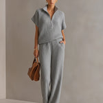 ElevenOra Chic Elegant Cream White Zipper-Up Stand Collar Oversize Short-Sleeve Sweater  Wide-Leg Pants Ribbed Knit Two-Piece Set