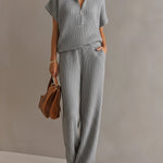 ElevenOra Chic Elegant Cream White Zipper-Up Stand Collar Oversize Short-Sleeve Sweater  Wide-Leg Pants Ribbed Knit Two-Piece Set