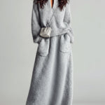 ElevenOra Chic Elegant Blue Stand Collar V Neck Long Sleeve Loose Sweater Patch Pocket Maxi Skirt Fuzzy Knit Two-Piece Set