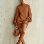 ElevenOra Chic Elegant Baby Blue Mock Neck Oversized Long-Sleeve Mohair Knit Mini Dress