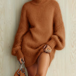 ElevenOra Chic Elegant Baby Blue Mock Neck Oversized Long-Sleeve Mohair Knit Mini Dress
