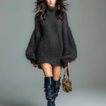 ElevenOra Chic Elegant Navy Mock Neck Oversized Long Lantern Sleeve Mohair Knit Mini Dress
